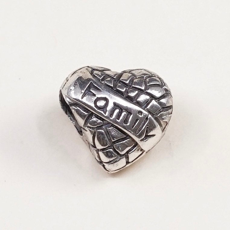 VTG Sterling silver handmade bead charm, 925 heart pendant embossed family