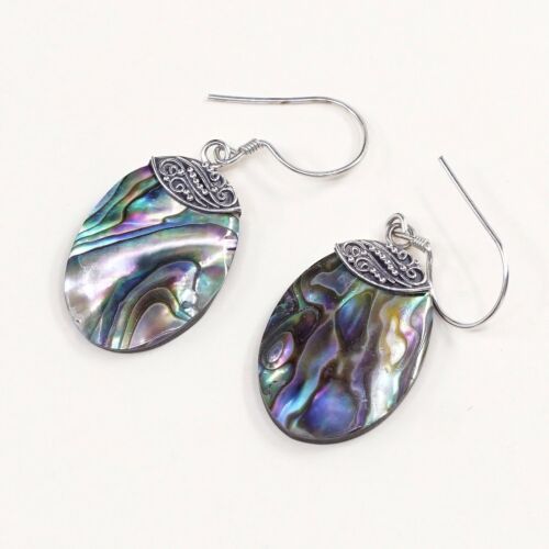 Vtg Sterling Silver Handmade Earrings, 925 Silver Hooks W/ Oval abalone Inlay