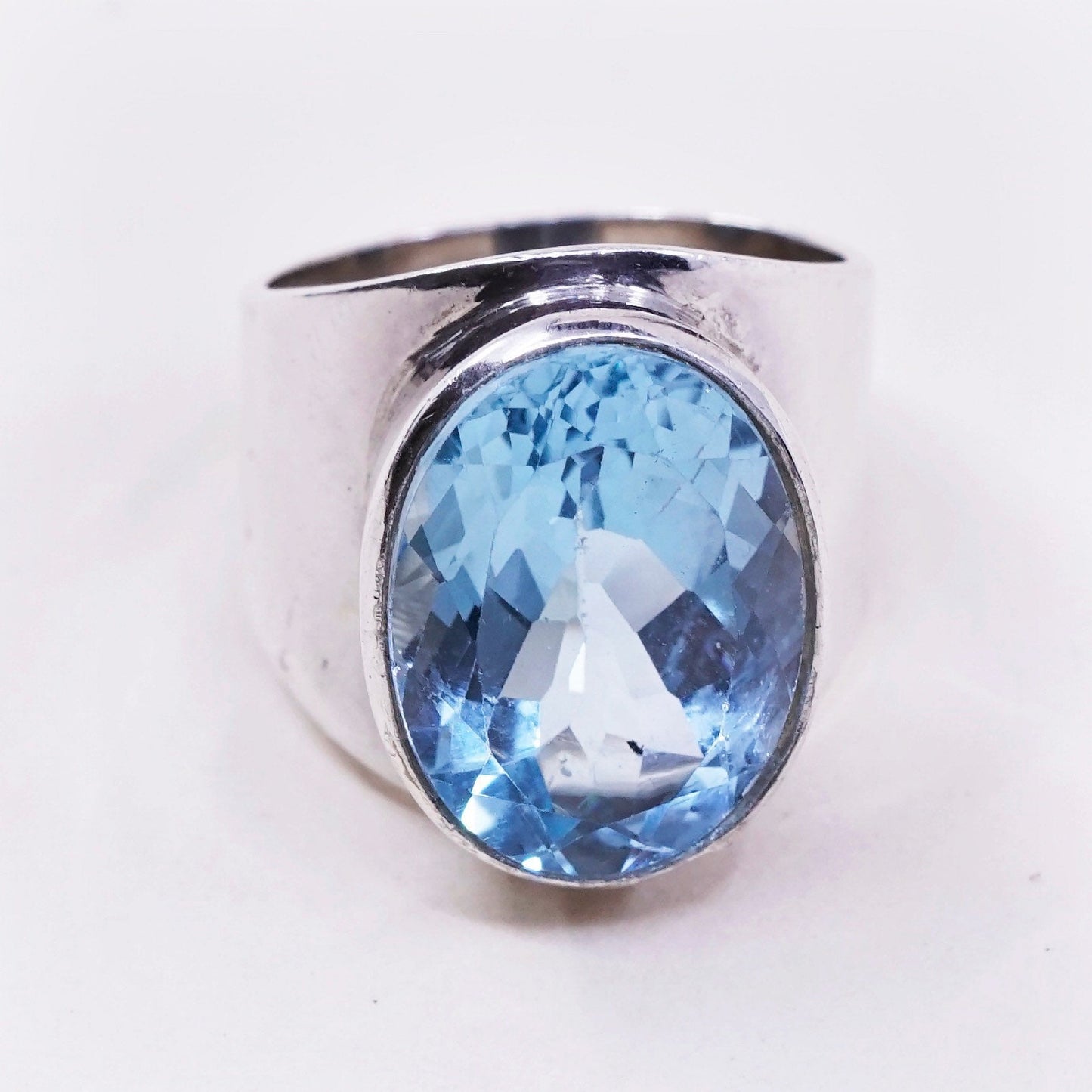 sz 7.5, vtg Sterling 925 silver handmade statement ring w/ blue topaz