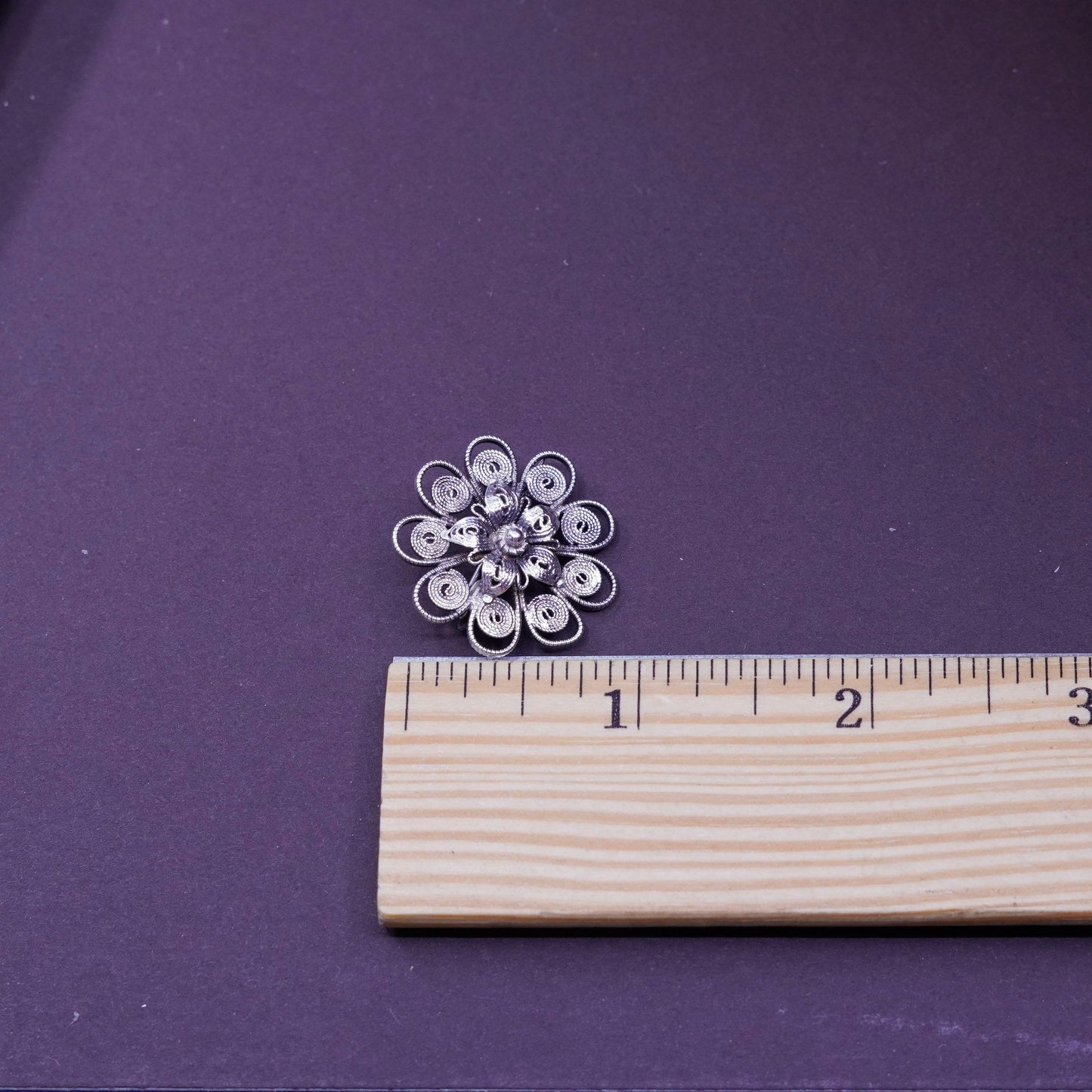 Vintage handmade sterling 925 silver filigree flower brooch pin