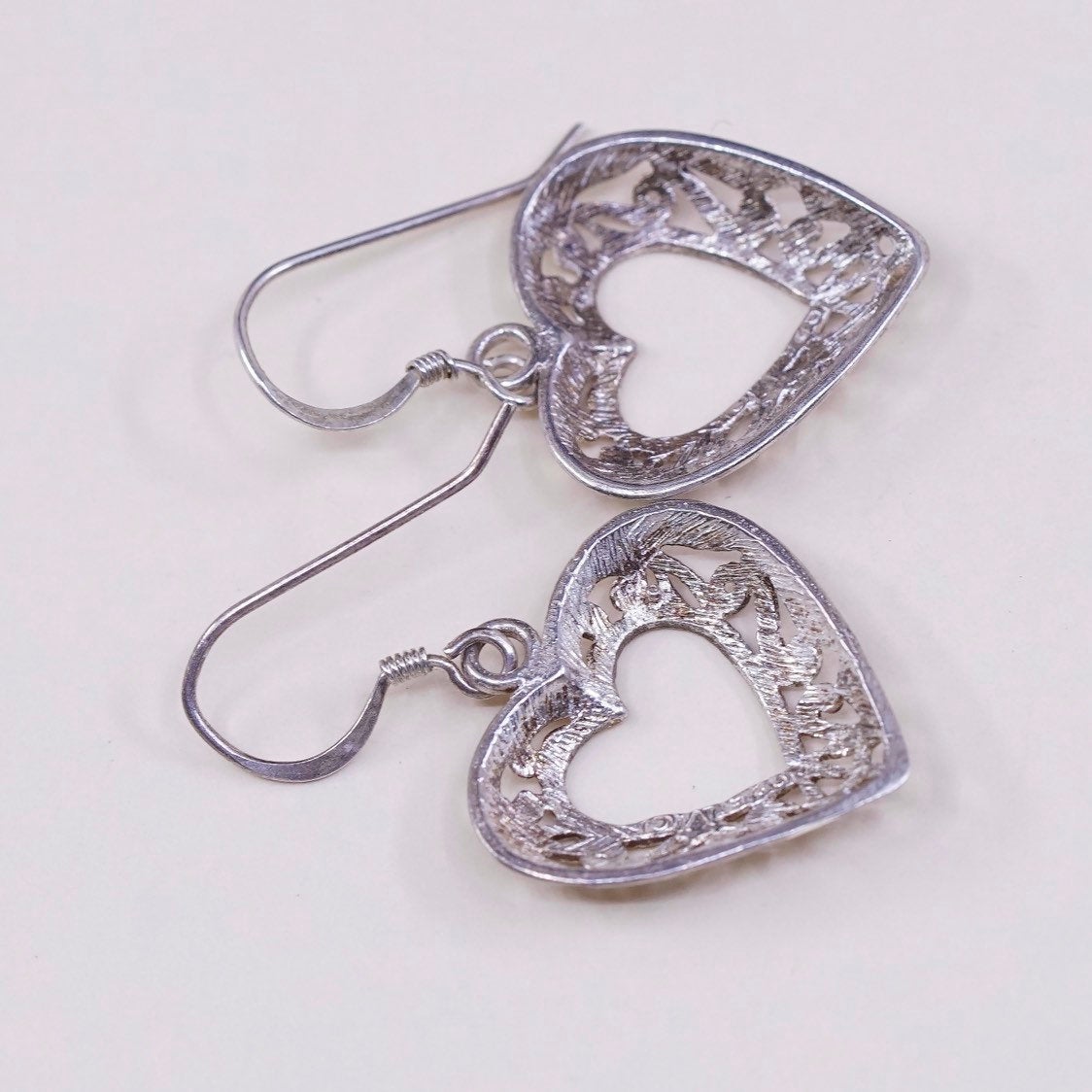 vtg sterling silver handmade earrings, solid 925 silver heart with filigree