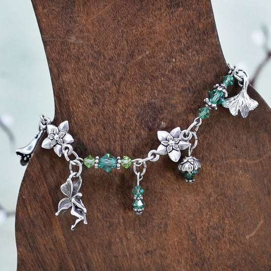 7”, Sterling 925 silver beads bracelet fairy flower charms green crystal