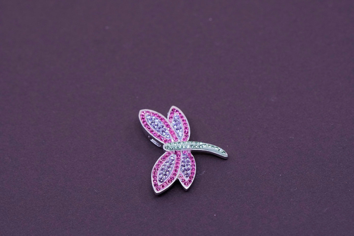 vtg Sterling 925 silver handmade pendant with cluster pink crystal dragonfly