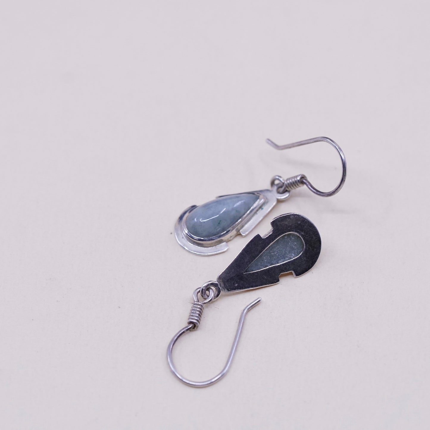 Vintage sterling 925 silver handmade earrings with teardrop jade