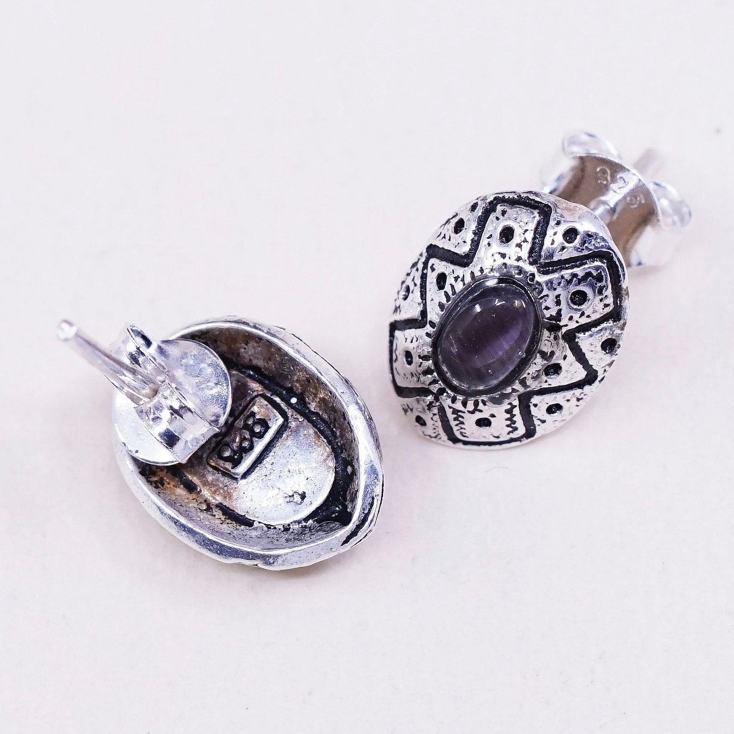 Vintage sterling silver earrings, 925 filigree studs with oval amethyst