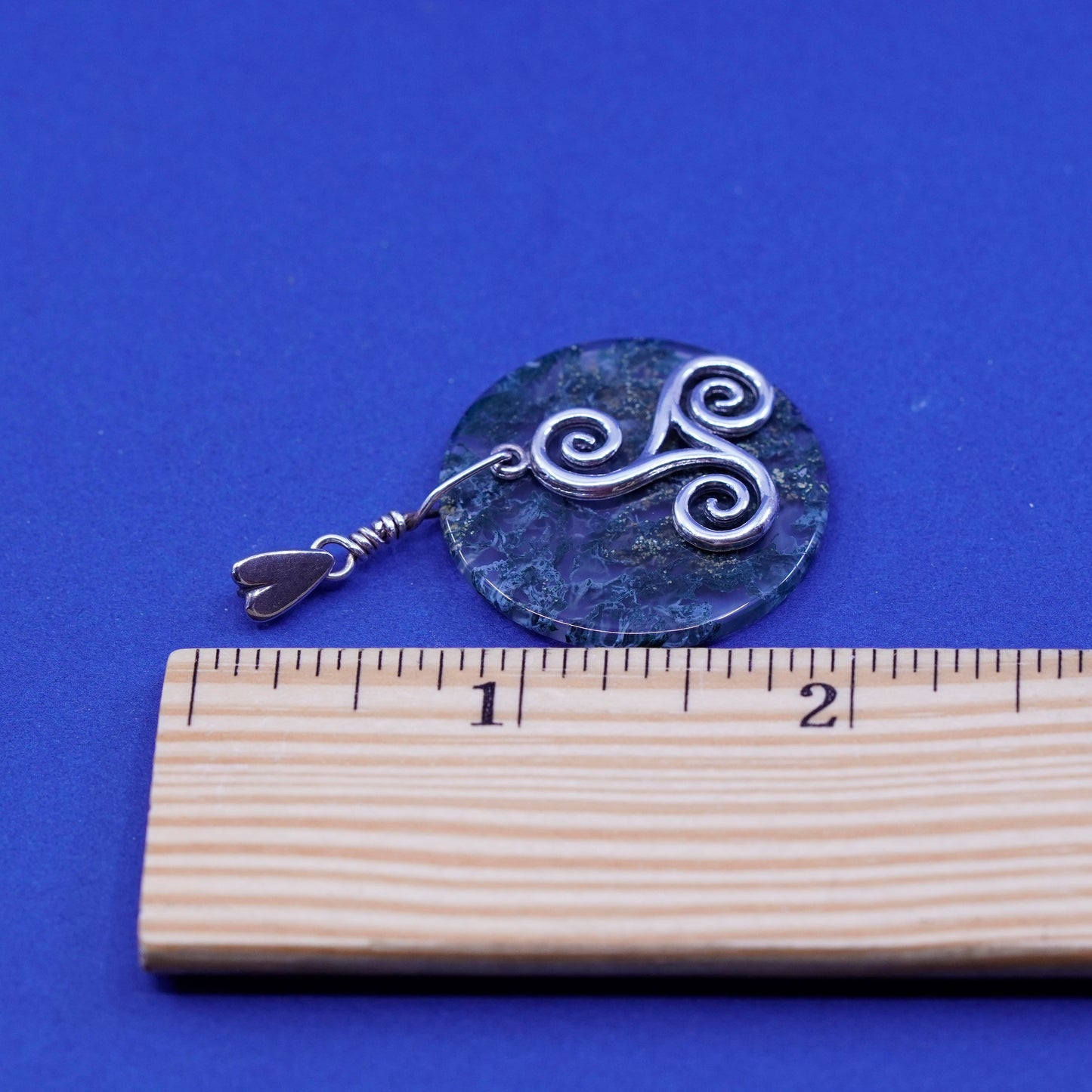 vtg sterling 925 silver handmade heart pendant green lace agate swirly charm