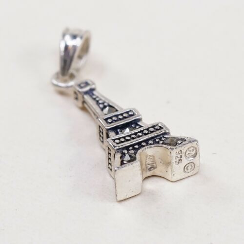 Vtg Handmade Sterling 925 silver Tower Pendant W/ Marcasite, Charm, Stamped S925