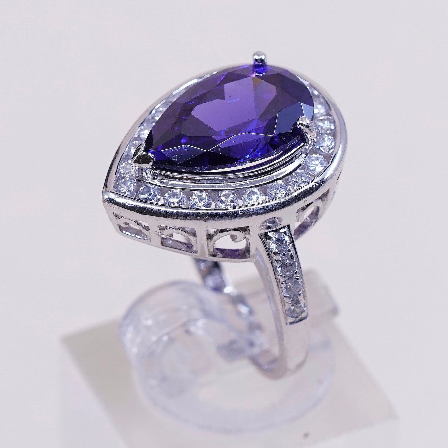 sz 7.25, vtg white gold coated sterling 925 ring w/ teardrop amethyst N Cz