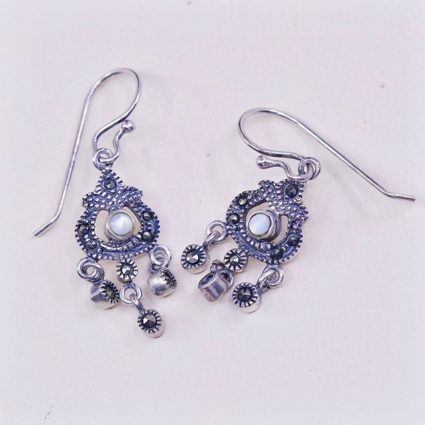 vtg Sterling silver handmade earrings, 925 drops w/ mother of pearl N marcasite