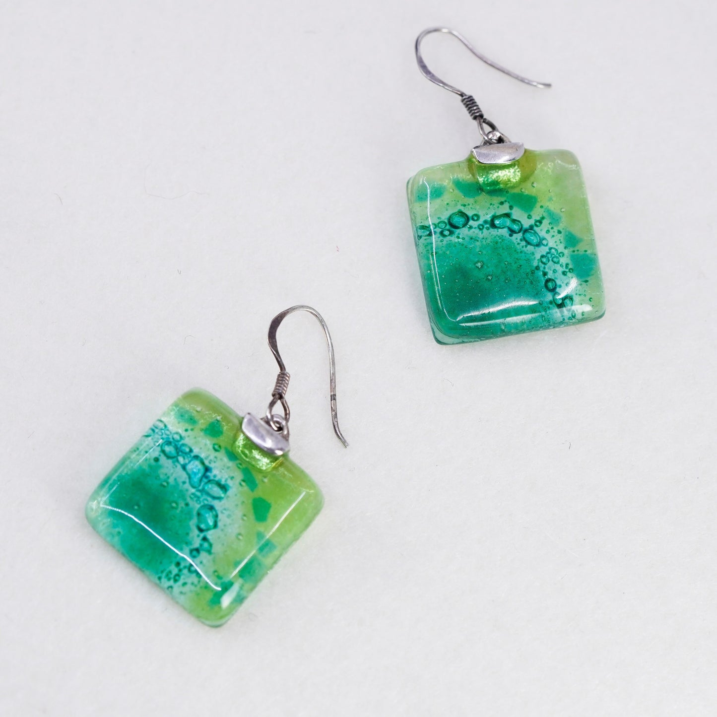 Vintage Sterling 925 silver earrings with artisan square green glass