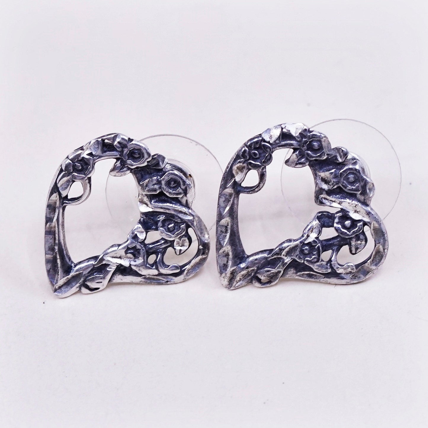 Vintage Sterling silver handmade earrings, 925 heart studs with flower
