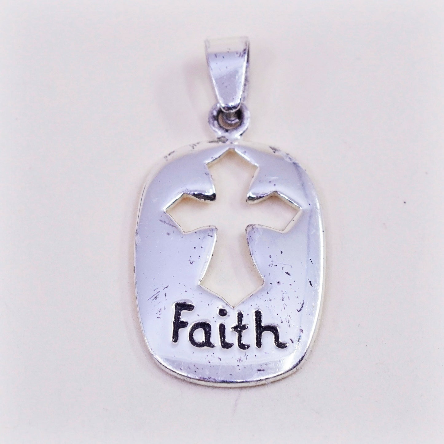 Vintage handmade Sterling silver pendant, 925 tag with cross cut out “faith