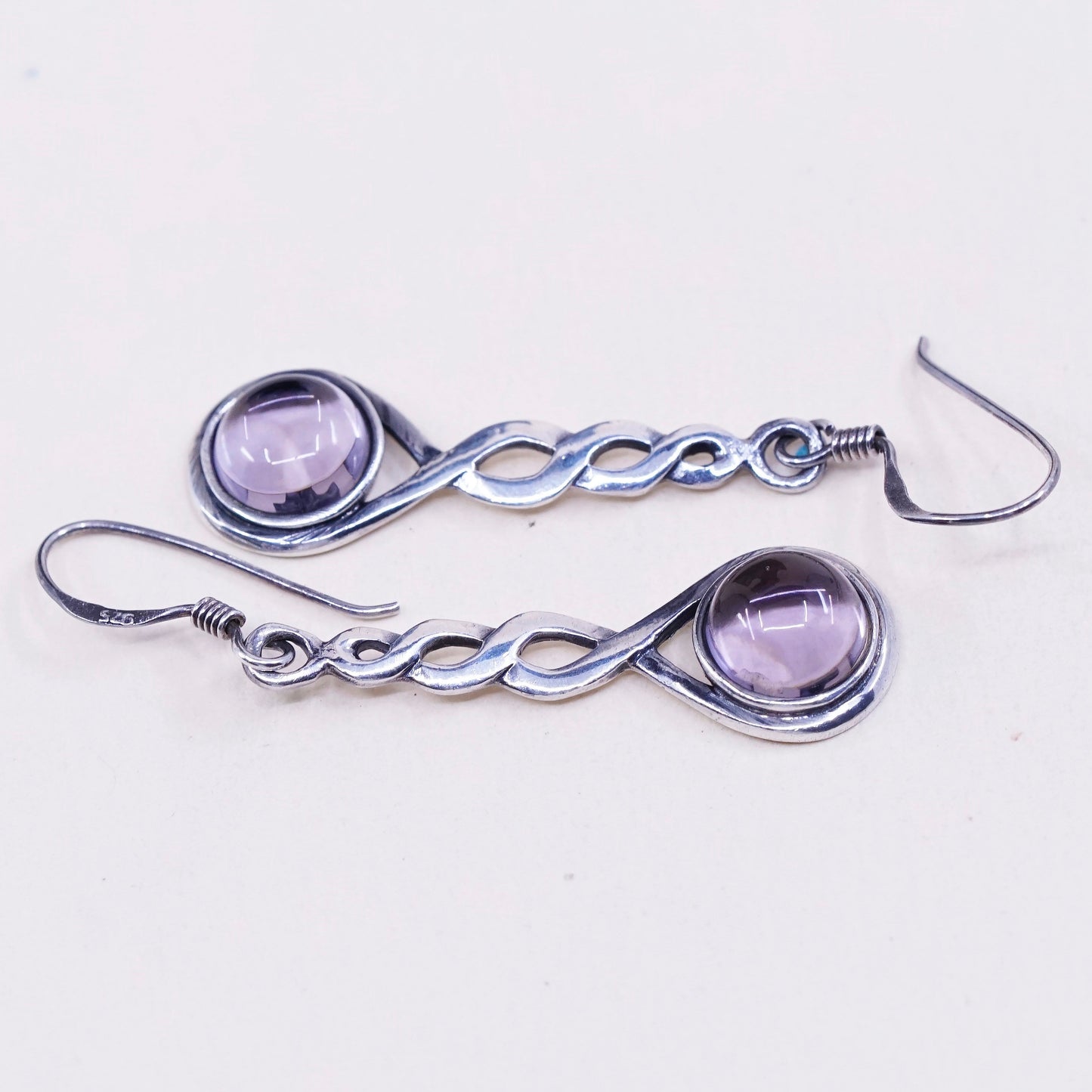 Vintage sterling silver handmade earrings, 925 twisted drops with amethyst