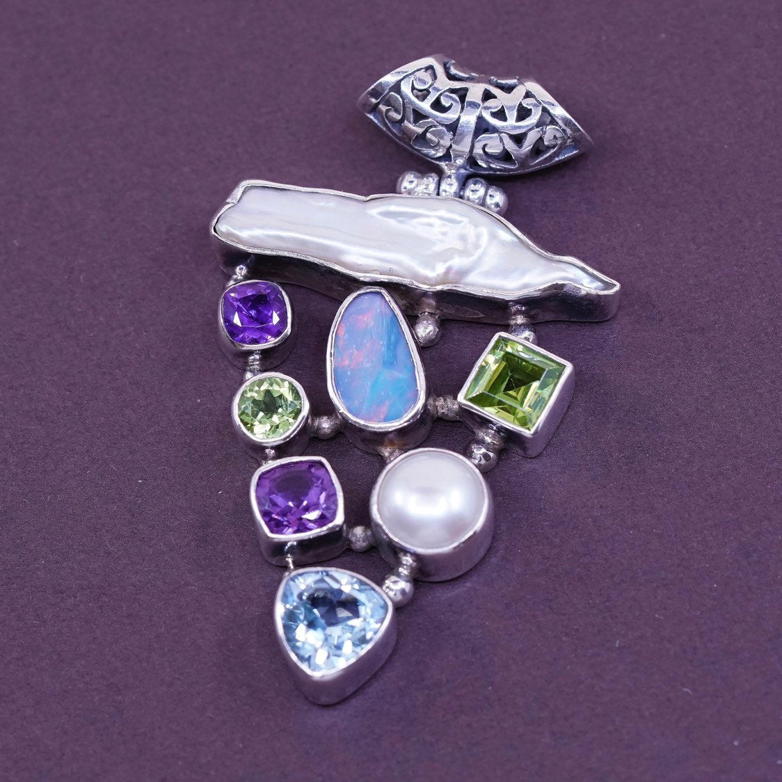 vtg Sterling silver handmade 925 pendant w/ opal, peridot amethyst topaz pearl