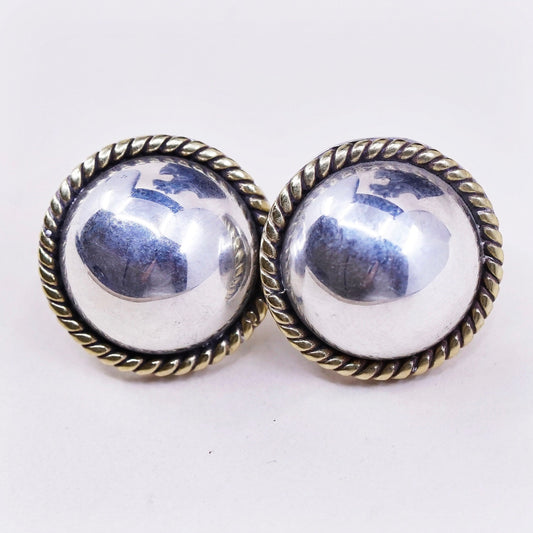 0.5”, vtg sterling silver button studs, handmade 925 earrings with brass rope