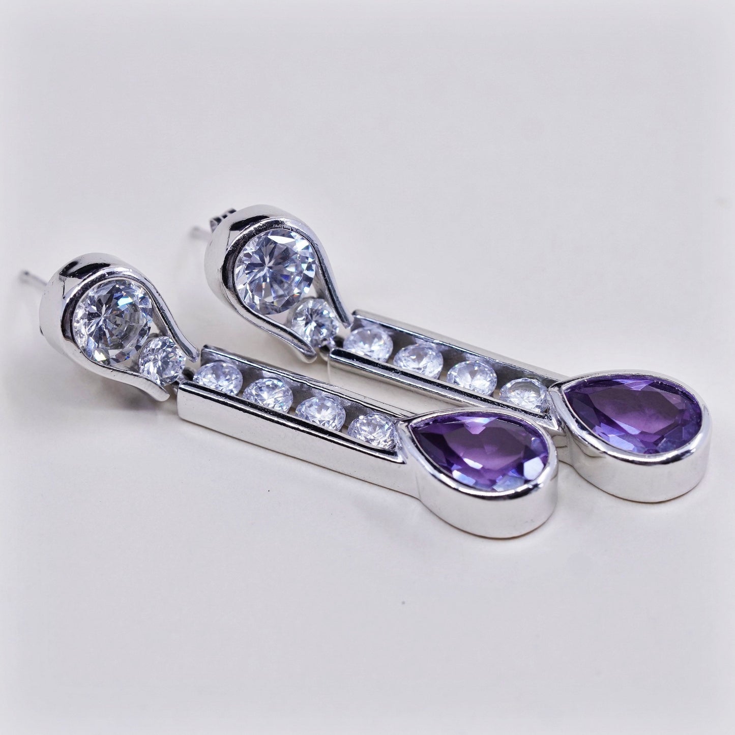 Vintage modern sterling silver handmade earrings, 925 w/ teardrop amethyst N Cz