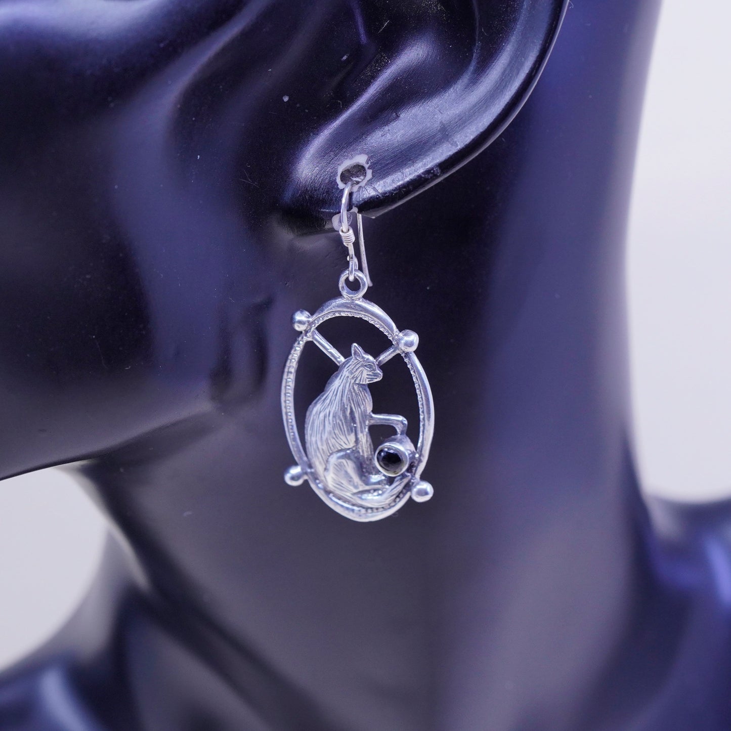 Sterling silver handmade earrings, unique 925 cat portrait with obsidian ball
