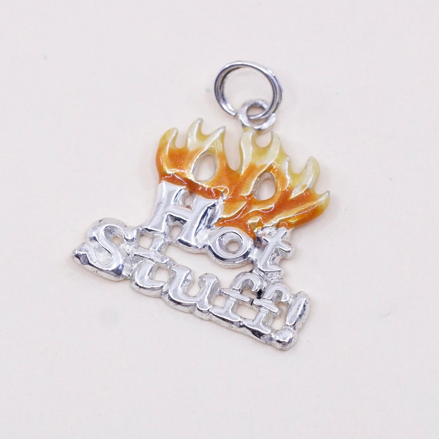 Vintage sterling silver handmade pendant, 925 fire tag charm with “hot stuff”