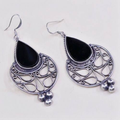 Vtg Sterling Silver Handmade Earrings, 925 Silver Teardrop W/ Obsidian N Beads