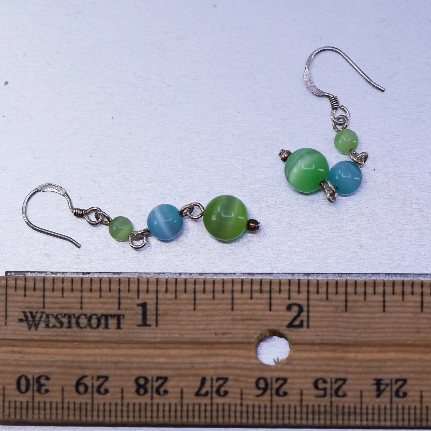 Vintage Sterling 925 silver teardrop earrings with green cats eye beads