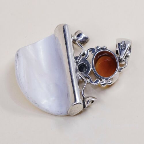 Vtg Sterling 925 Silver Handmade Pendant, mother Of Pearl (MOP) W/ Carnelian