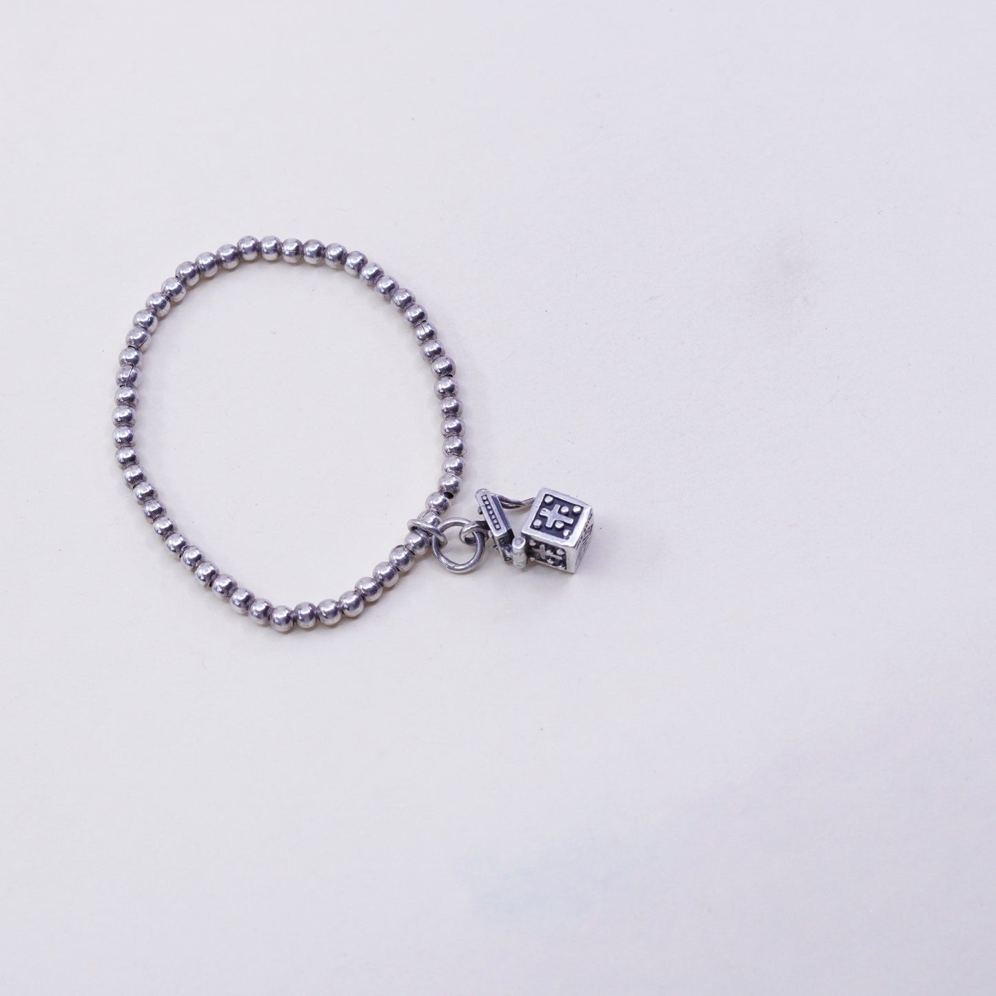 5.25”, sterling silver elastic bracelet, 925 beads and prayer locket charm