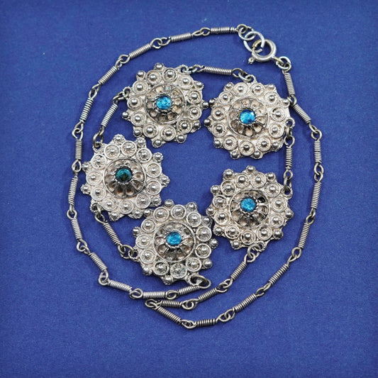 15”, Sterling silver necklace, 925 long chain filigree flower charms Crystal