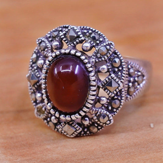 Size 6.25, vintage Sterling 925 silver handmade ring with garnet and marcasite