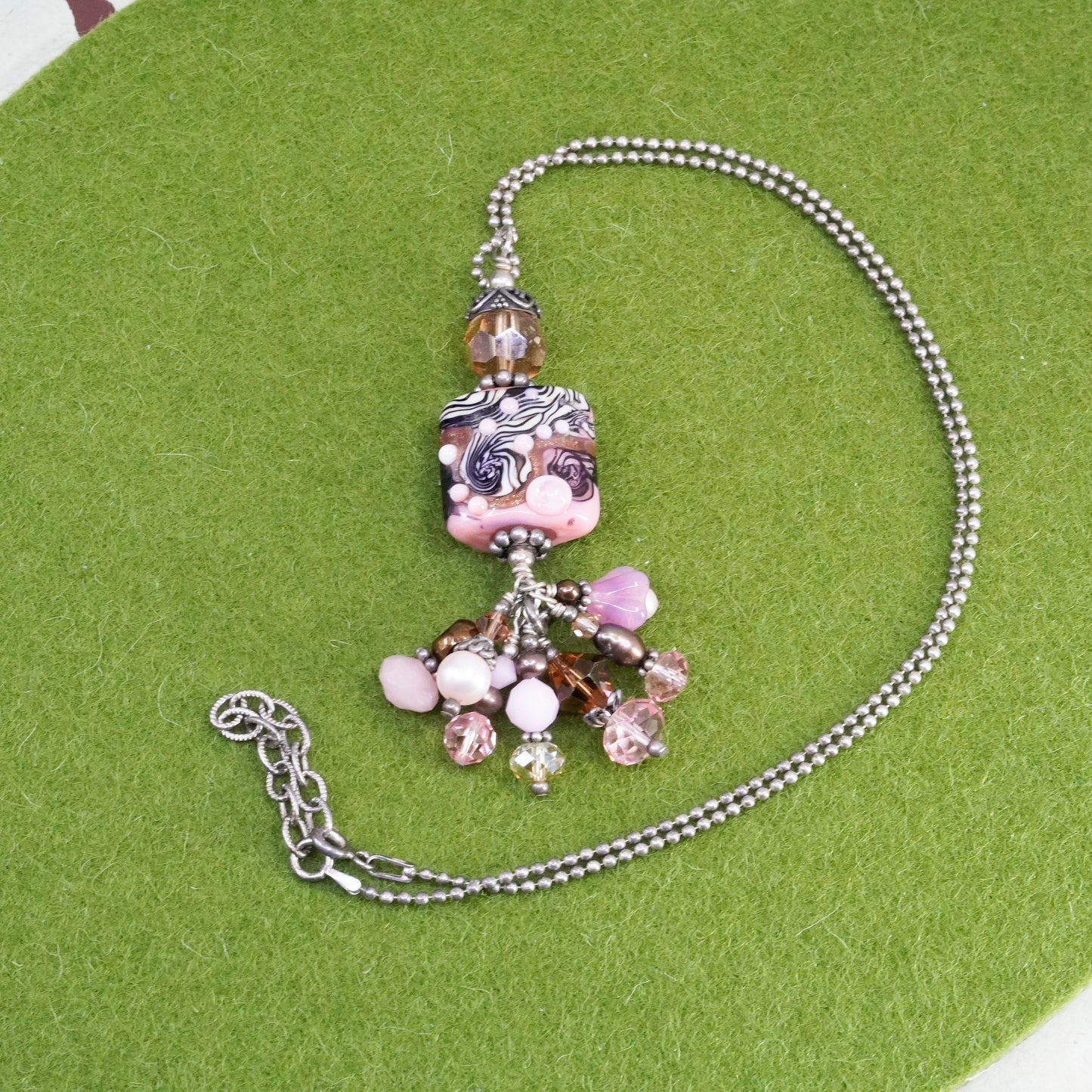 16+2”, sterling silver necklace, 925 bead chain with pink foiled glass Pendant