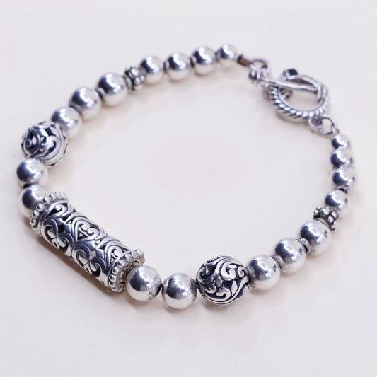 6.75”, vtg Sterling silver handmade bracelet, Mexico 925 Filigree bar w/ beads