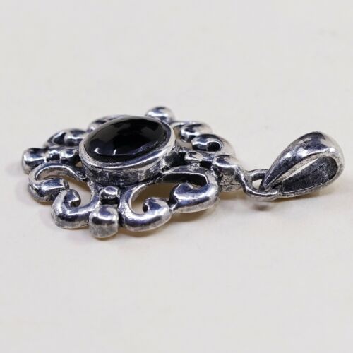 Vtg Sterling Silver Handmade Pendant Solid silver Bali / Obsidian, stamped 925