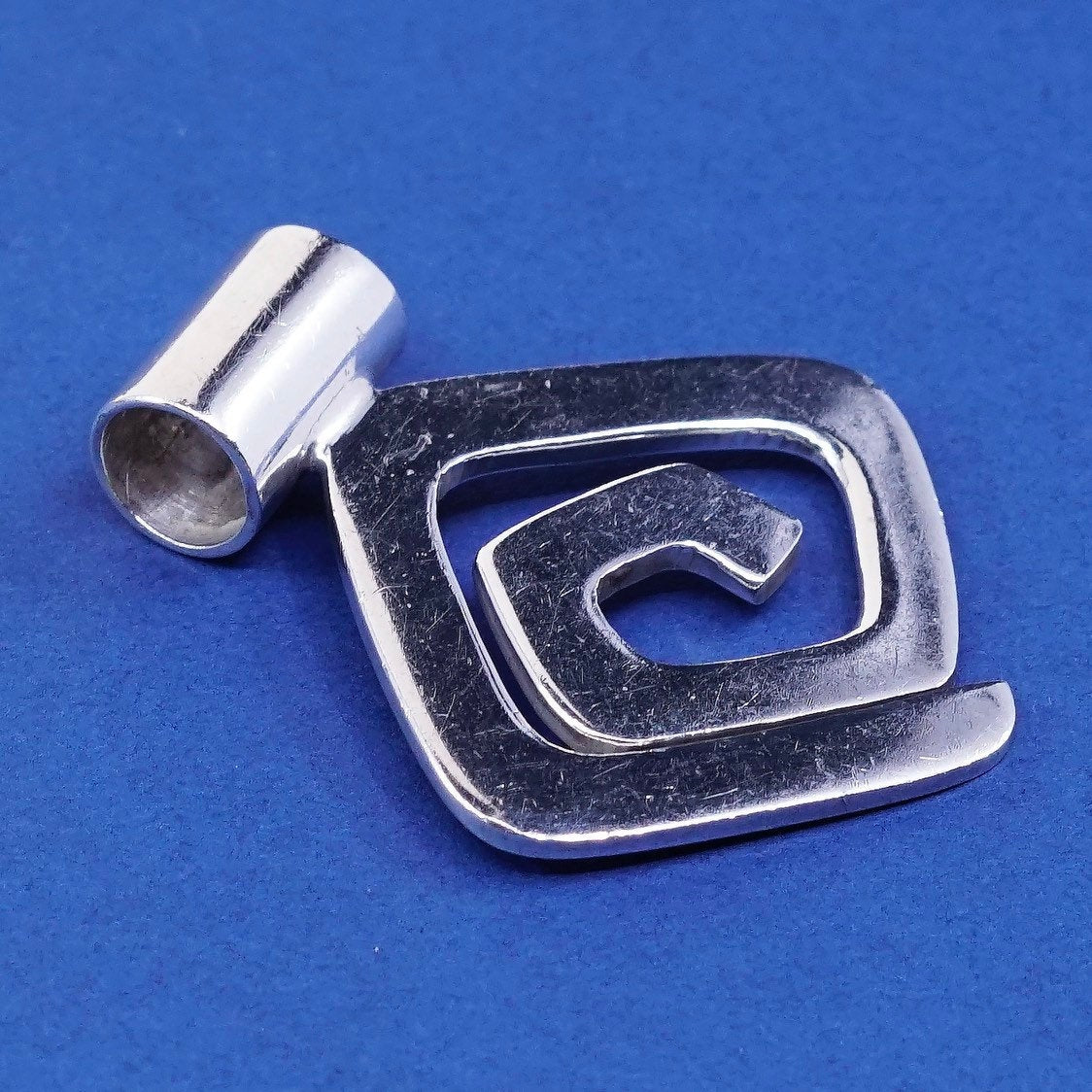 vtg sterling silver handmade pendant, 925 modern swirl square charm