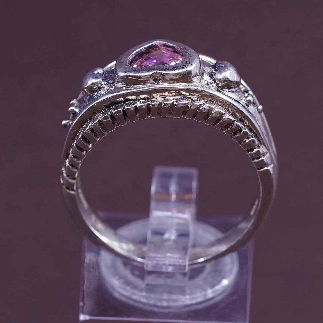 sz 10.25, vtg sterling silver handmade ring, pink crystal heart 925 band