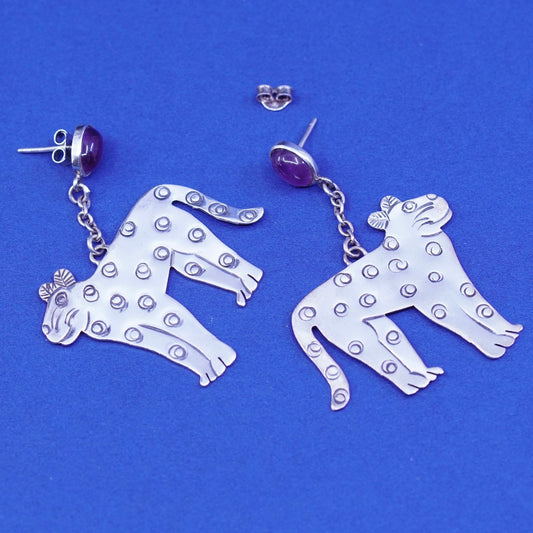 vtg sterling silver handmade earrings, 925 cat lion leopard dangles amethyst