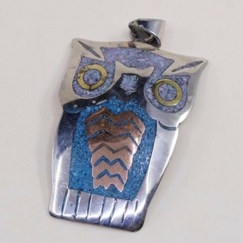 Vtg Two Tone Alpca Silver Handmade Huge Owl Pendant W/ Turquoise Inlay