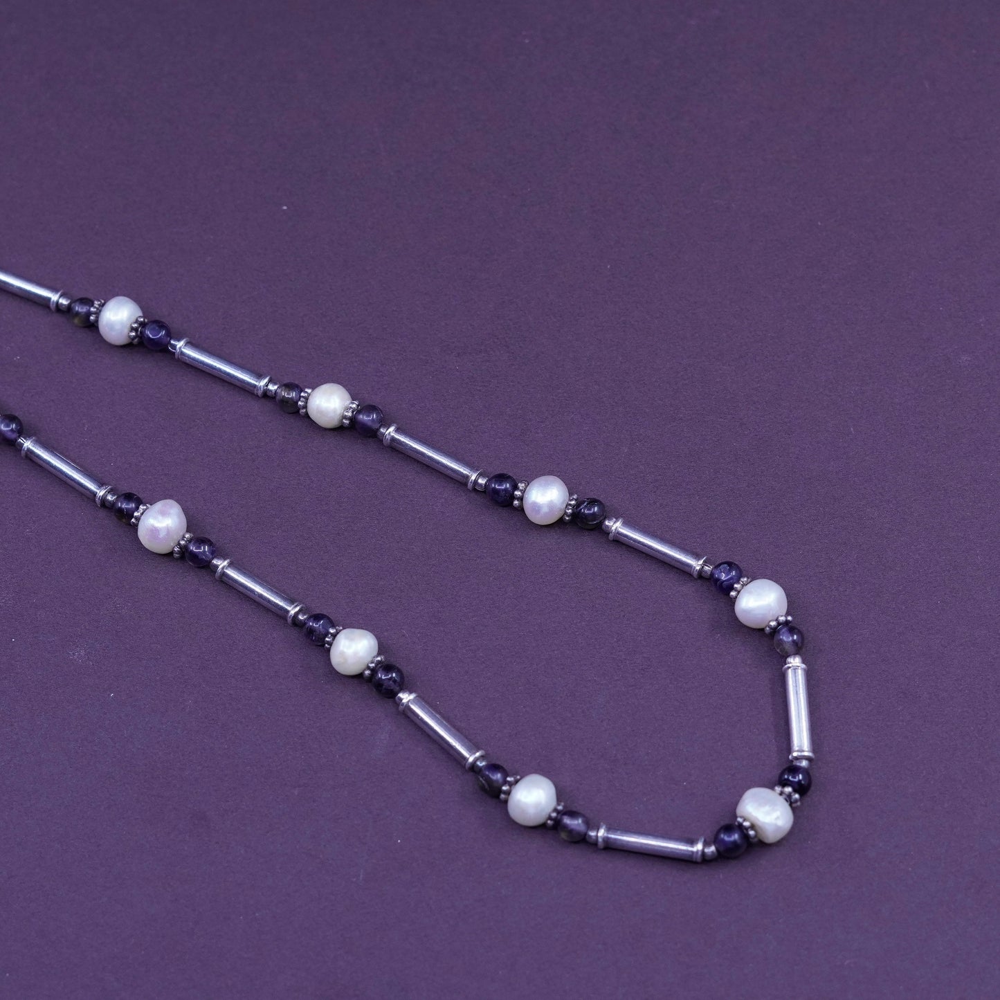 16”, vintage sterling 925 silver handmade bar chain necklace w/ pearl amethyst