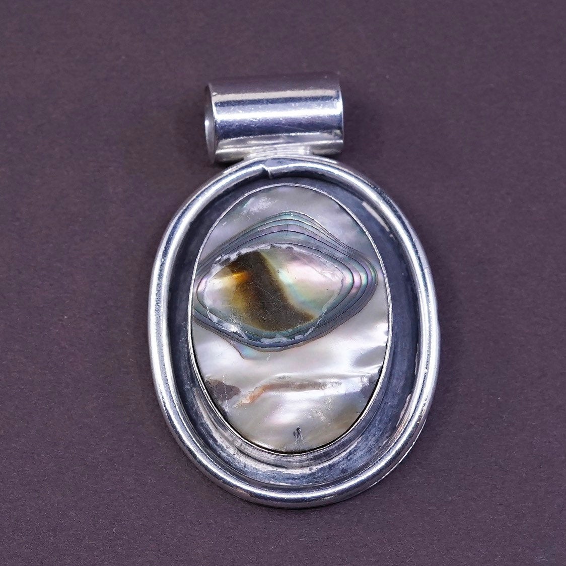 vtg Sterling silver handmade pendant, Mexico 925 w/ oval abalone pendant