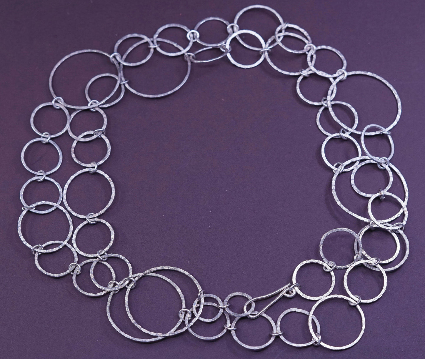 40”, vtg sterling silver handmade necklace, 925 textured flatten circle chain