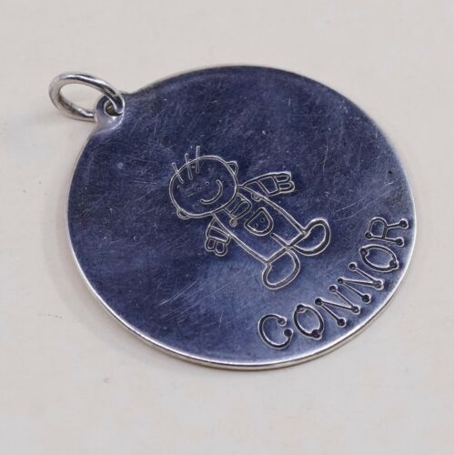 Vtg Lucy Ann Sterling Silver Pendant, Round Tag Charm Embossed A Boy Connor