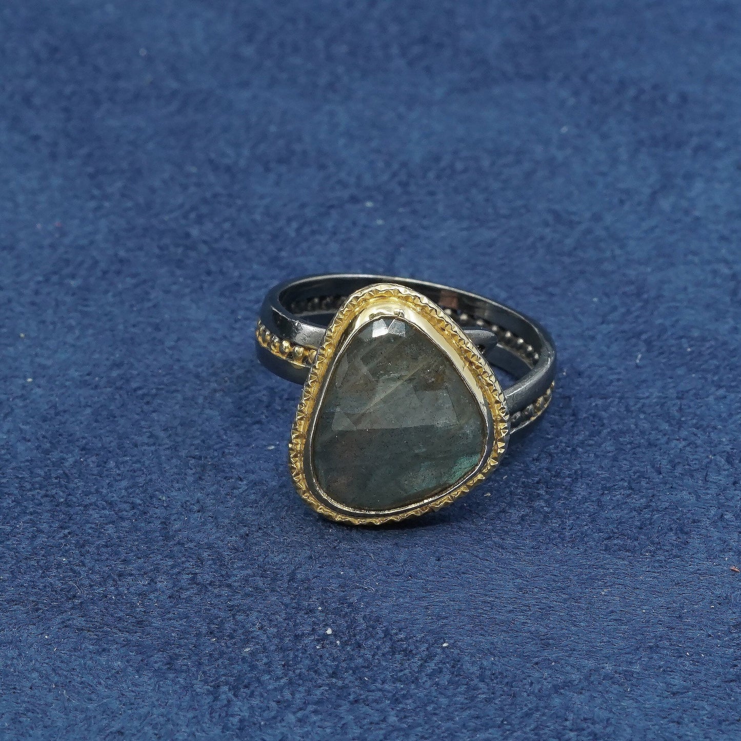 vtg two tone gold over Sterling 925 silver handmade ring w/ labradorite N beads