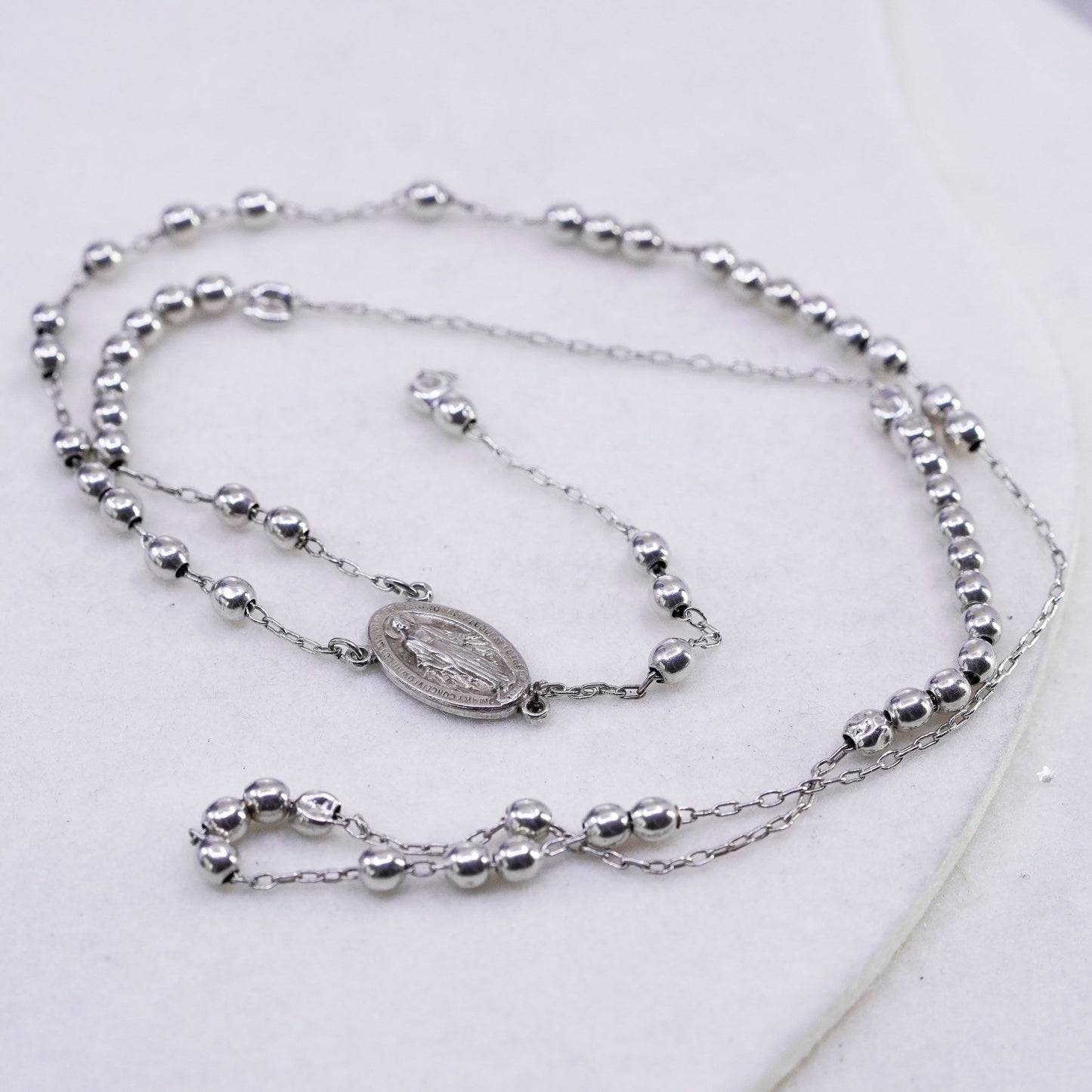 22”, Israel sterling silver rosary necklace chain w/ Virgin Mary pendant beads