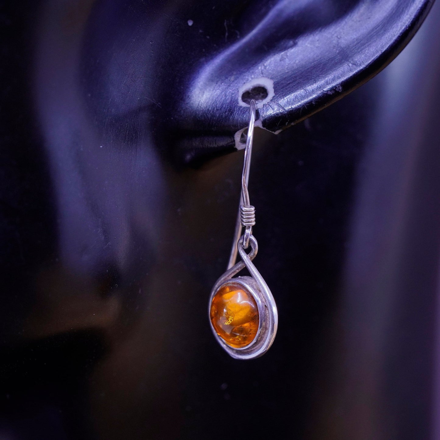 Vintage Sterling 925 silver handmade earrings with Amber bead