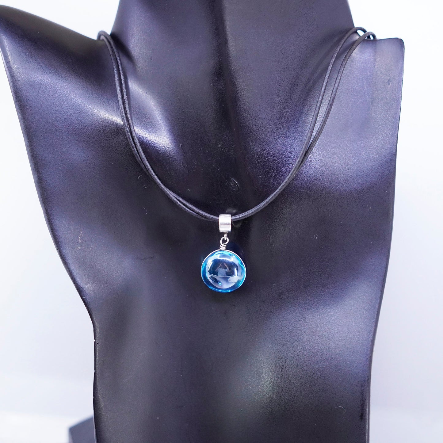 14+2”, 925 Sterling Silver Handmade black Leather Necklace with blue glass