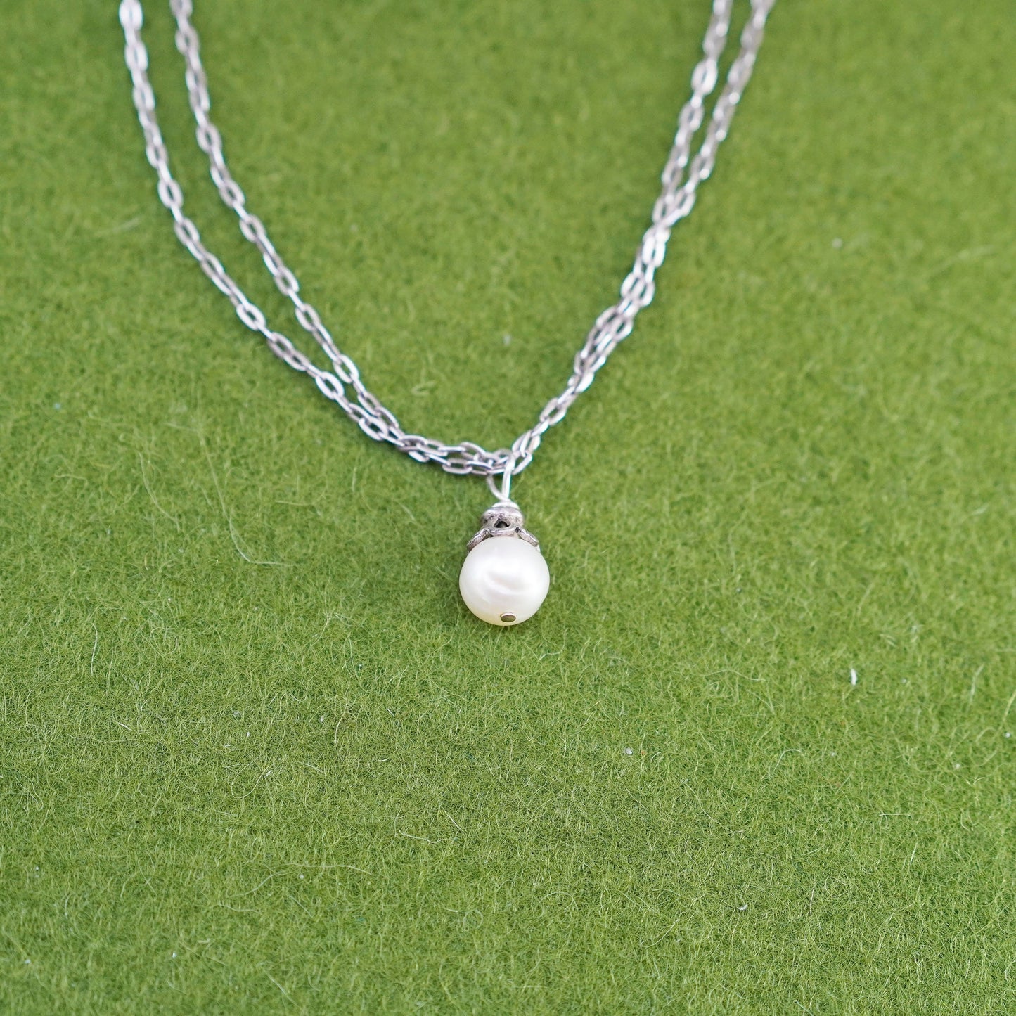 16”, sterling 925 silver handmade necklace, double flatten circle chain pearl