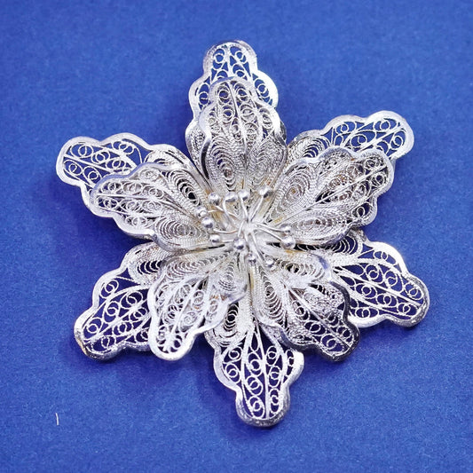 Vintage sterling silver handmade brooch, 925 filigree flower pin