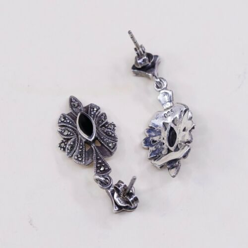 Vtg Sterling silver earrings w/ Obsidian Drop N Marcasite Details, 925