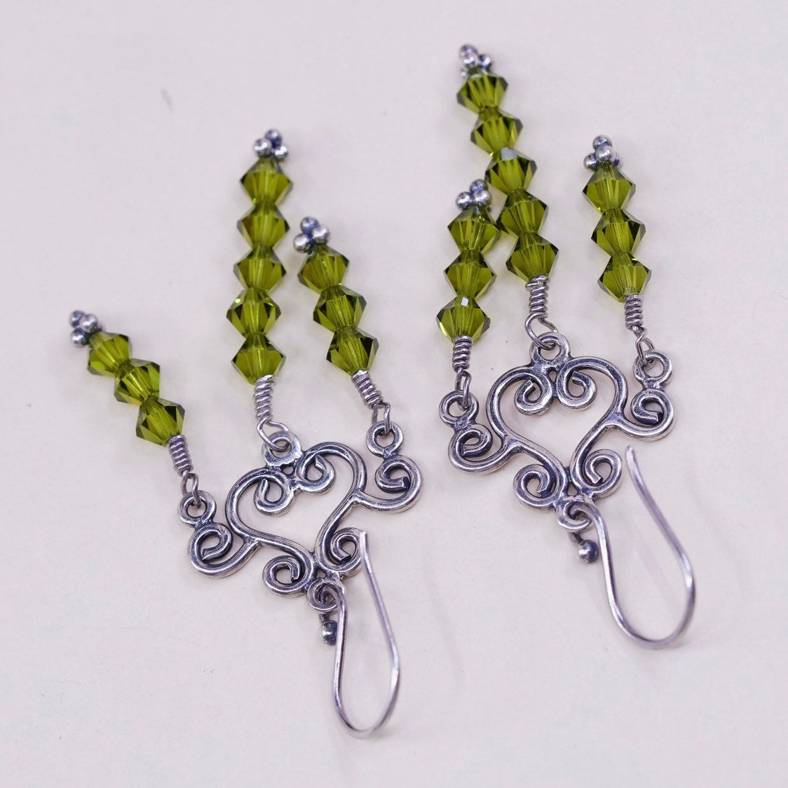 sterling silver handmade earrings 925 w/ green cluster Swarovski crystal fringe