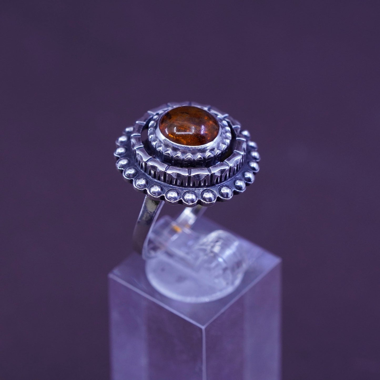 Size 7.5, vtg KALUPE Sterling 925 silver handmade sun ring with Amber and beads