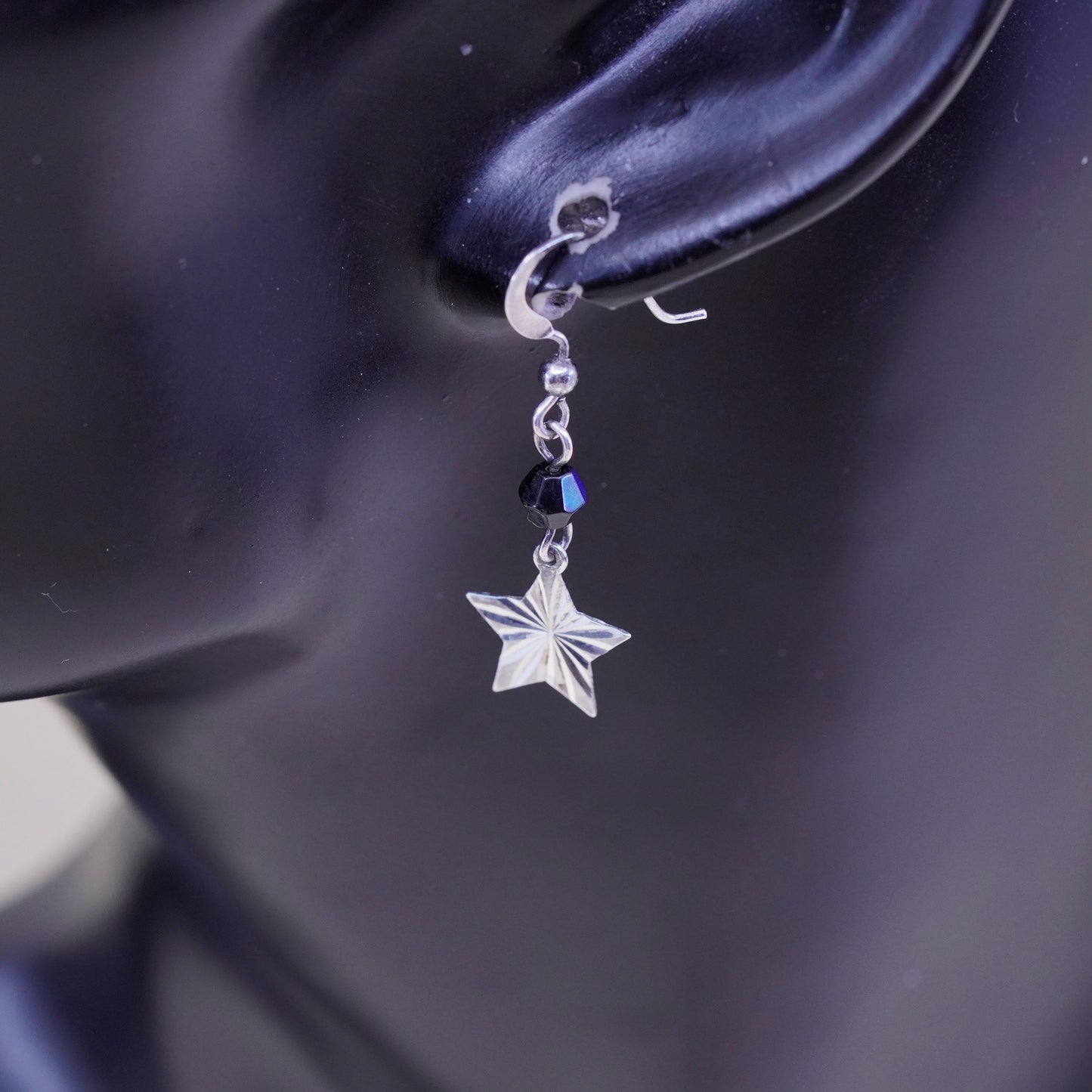Vintage sterling silver handmade modern earrings, 925 textured star w/ crystal