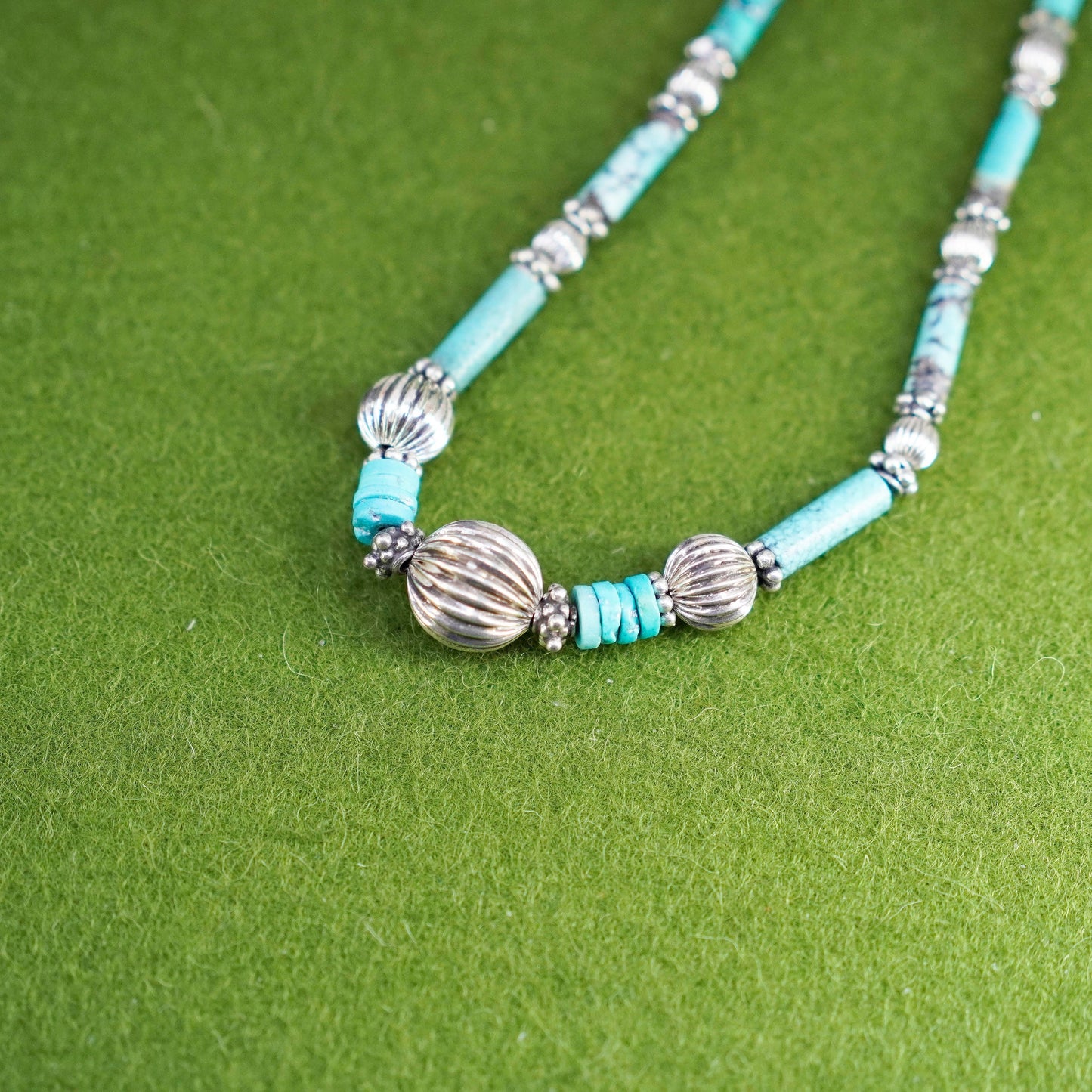 18”, Native American Navajo Sterling necklace, 925 silver beads turquoise tubes